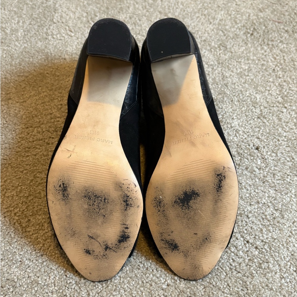 Marc Fisher Black Suede Peep Toe Croc-Embossed Block Heel Booties - Picture 5 of 6